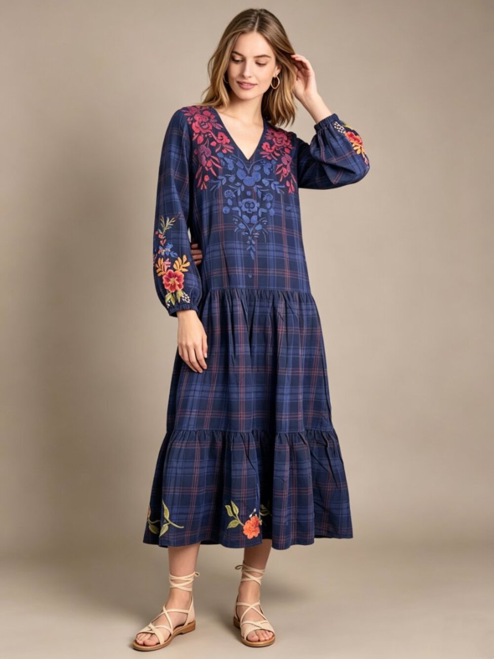 NWOT Johnny Was Floral Embroidered Long Sleeves Plaid Cotton Midi Dress Size S